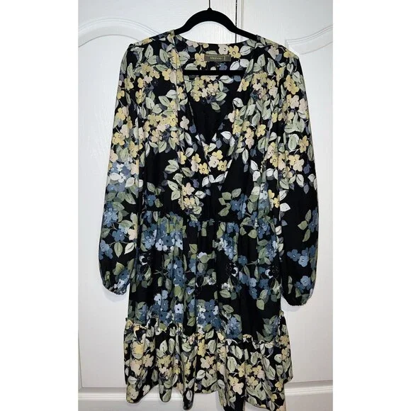 Melonie T | Dresses | Melonie T Multicolor Dress Dark Floral Long Sleeve  Midi Wrap Style Ruffle Sz 8 | Poshmark
